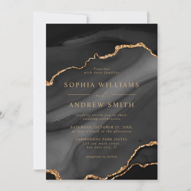 Einladung zur Hochzeit von Schwarz und Gold (Vorderseite)