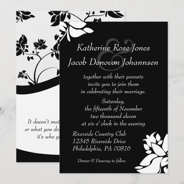 Einladung zur Hochzeit von Schwarz-Weiß-Blumen (Vorne/Hinten)