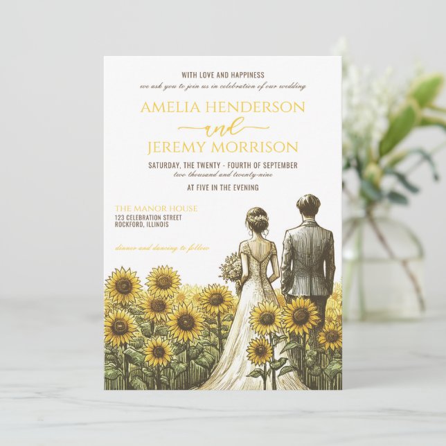 Einladung zur Hochzeit von Sonnenblumen (Stehend Vorderseite)