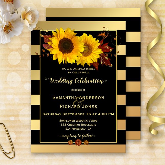 Einladung zur Hochzeit von Sonnenblumen mit Goldst (Wedding invitation featuring sunflowers, autumn leaves and rose gold floral swirls on gold stripes)