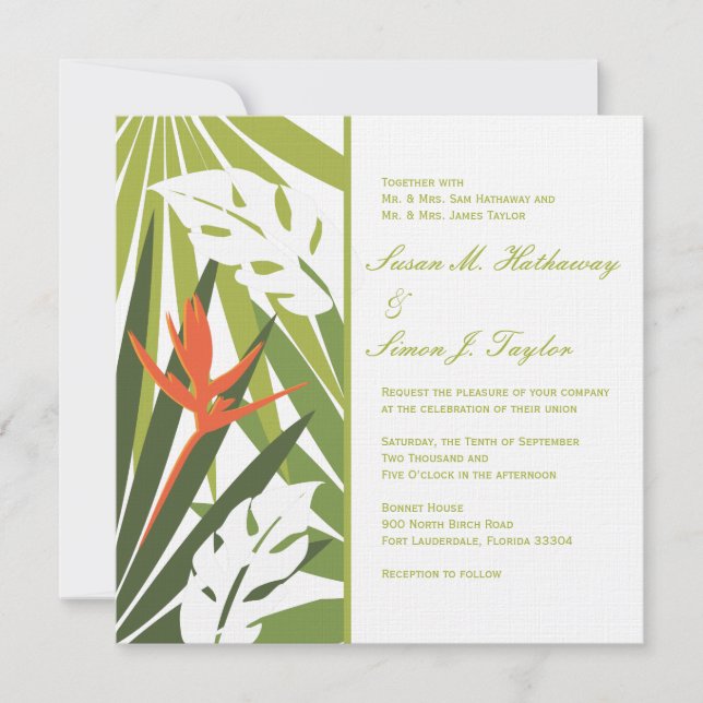 Einladung zur Hochzeit von tropischen Blumen - grü (Vorderseite)