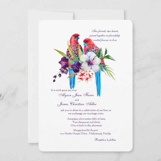 Einladung zur Hochzeit von tropischen Vögeln (Vorderseite)