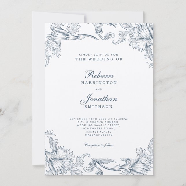 Einladung zur Hochzeit von Vintag-blaugrauem Flor (Vorderseite)