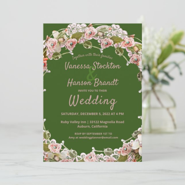 Einladung zur Hochzeit von Vintagen Blumenkranken (Stehend Vorderseite)