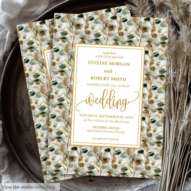 Einladung zur Hochzeit von Vintagen Tiefgrün-Blatt (Vintage Deep Green Gold Foliage Wedding Invitation)