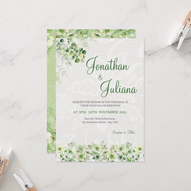 Einladung zur Hochzeit von weichgrünen Blumen (Vorderseite/Rückseite Beispiel)