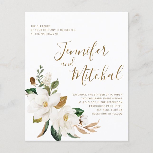 Einladung zur Hochzeit von weißer und goldener Blu (Vorderseite)