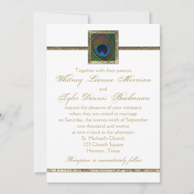 Einladung zur Hochzeit von White and Gold Peacock (Vorderseite)