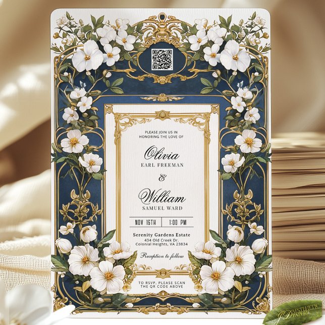 Einladung zur Hochzeit von White Floral Navy Blue  (Von Creator hochgeladen)