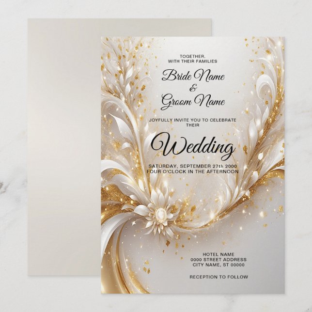 Einladung zur Hochzeit von White Gold Floral (Vorne/Hinten)