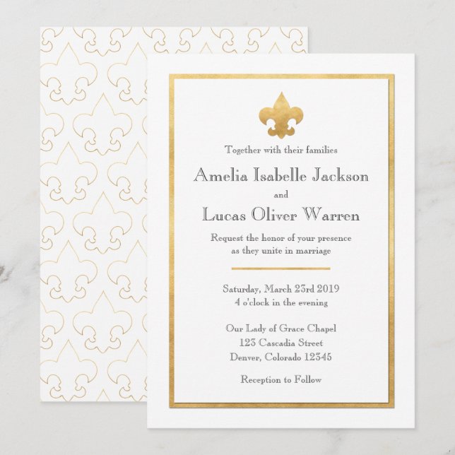 Einladung zur Hochzeit von White & Gold Lilie (Vorne/Hinten)