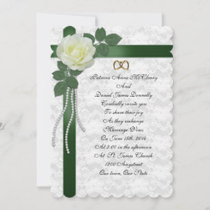 Einladung zur Hochzeit weiße Rose, grüne Bänder