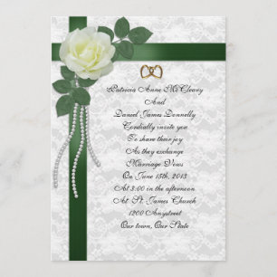 Einladung zur Hochzeit weiße Rose, grüne Bänder