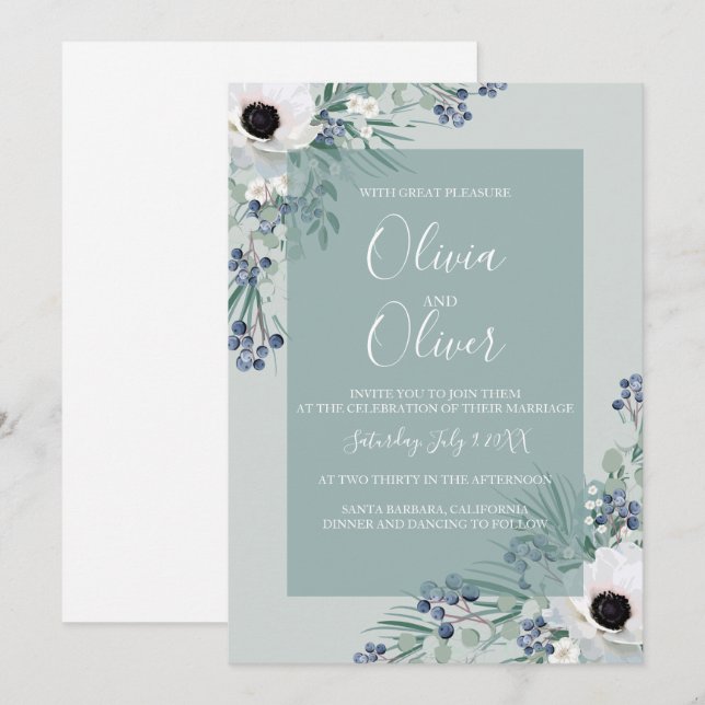 Einladung zur Hochzeit weißes Anemonsgrün (Vorne/Hinten)