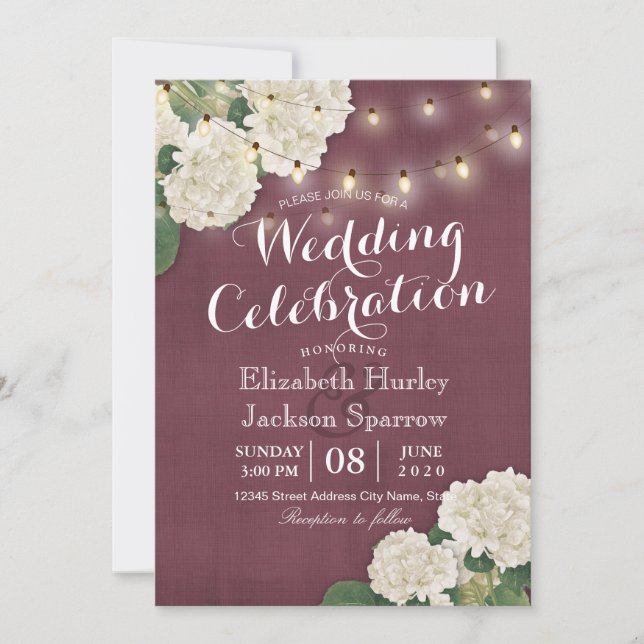 Einladung zur Hochzeit White Hydrangeas String Lig (Vorderseite)