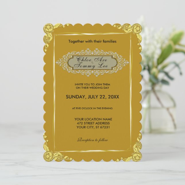 Einladung zur HochzeitGold-Grenze (Stehend Vorderseite)