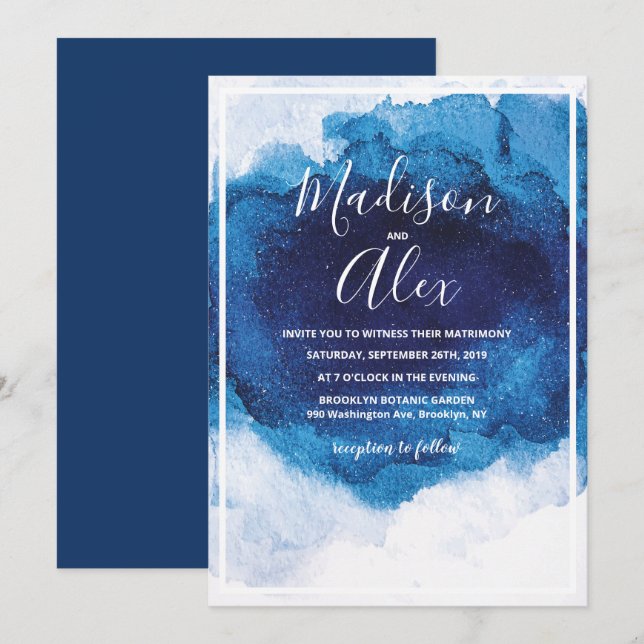 Einladung zur Hochzeitsblauen Wasserfarbe (Vorne/Hinten)