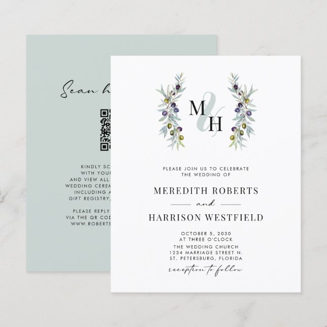 Einladung zur Hochzeitsfeier der Olive Branch Mono (Vorne/Hinten)