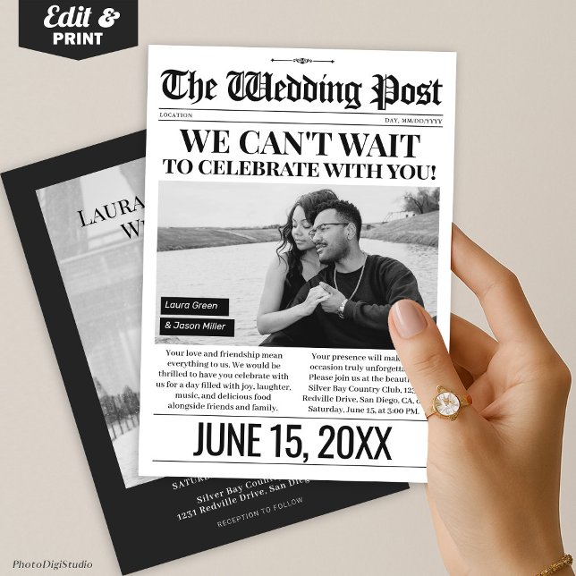 Einladung zur Hochzeitsfeier, Einladung zum Foto (Wedding Newspaper Invitation, Photo Wedding Invite)