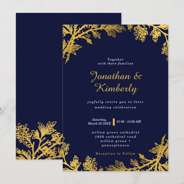 Einladung zur Hochzeitsfeier in Luxury Navy und Go (Vorne/Hinten)