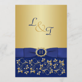 Einladung zur Hochzeitsfeier in Monogram Blue, Gol