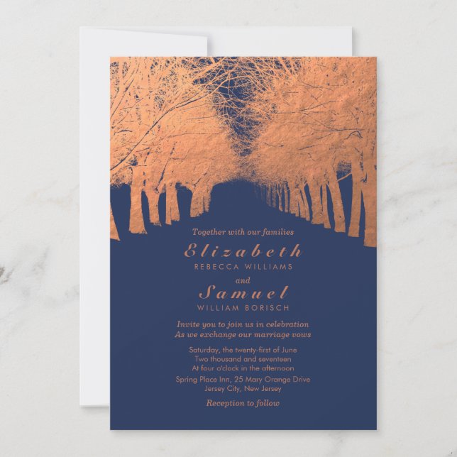 Einladung zur Hochzeitsfeier in Navy Blue Copper T (Vorderseite)
