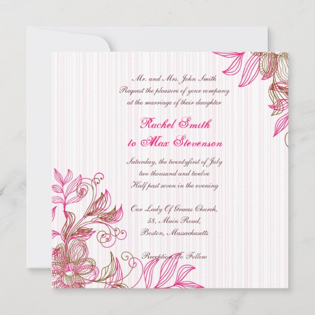Einladung zur Hochzeitsfeier in Pink und Brown (Vorderseite)
