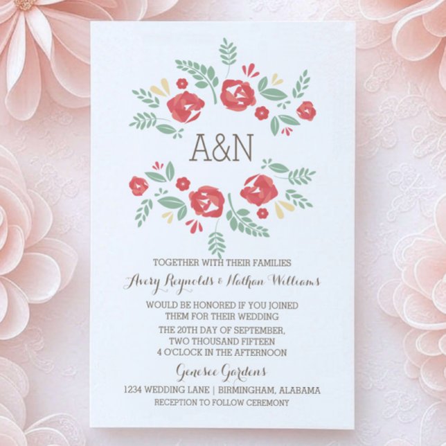 Einladung zur Hochzeitsfeier in Rotem Land (Red Country Floral Monogram Wedding Invite)