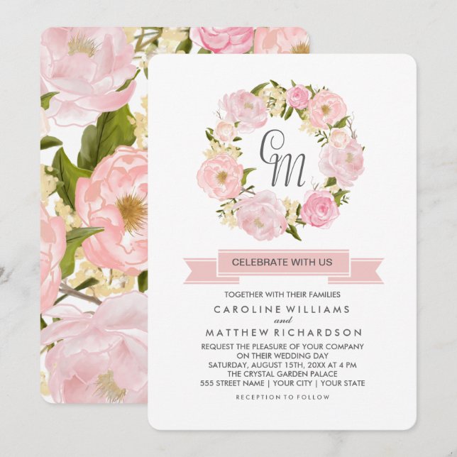 Einladung zur Hochzeitsfeier mit Blush Pink Peony  (Vorne/Hinten)
