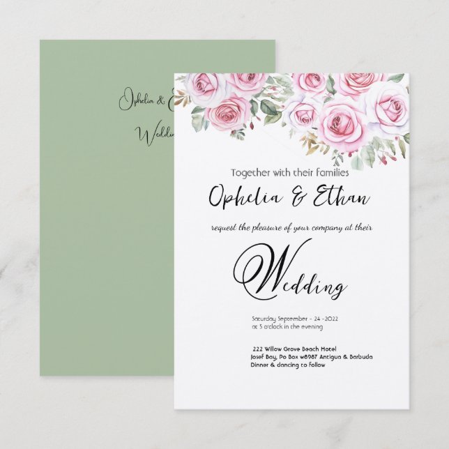 Einladung zur Hochzeitsfeier mit floralen Aquarell (Vorne/Hinten)