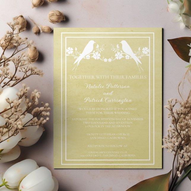 Einladung zur Hochzeitsfeier mit gelber Gelbfieber (Yellow Lovebird Floral Wedding Invitation)