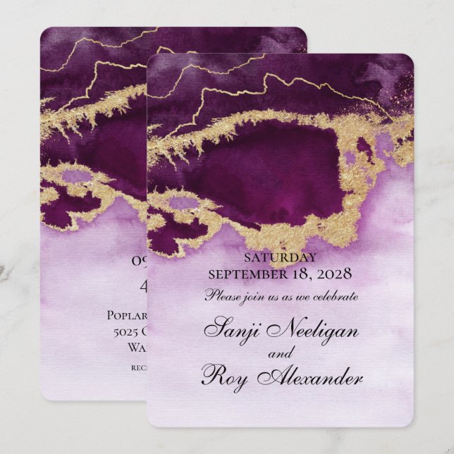 Einladung zur Hochzeitsfeier mit Violett und Gold (Vorne/Hinten)