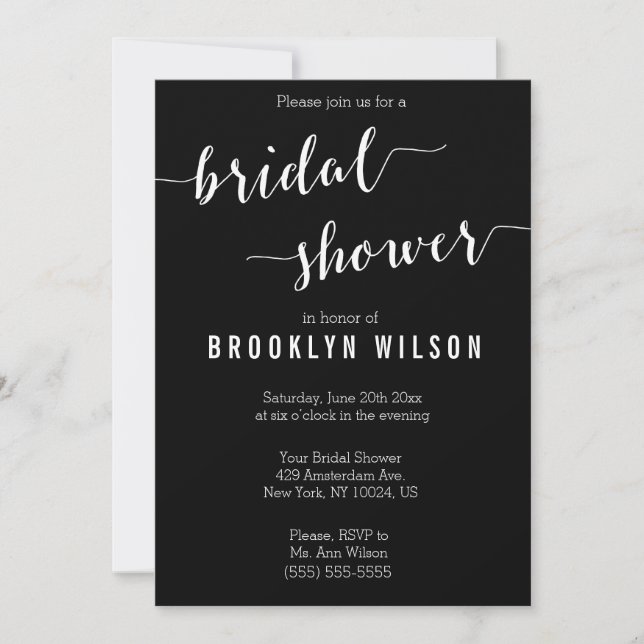 Einladung zur Kalligrafie Black Bridal Dusche (Vorderseite)