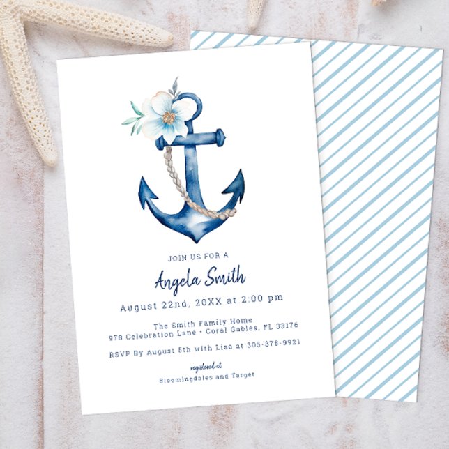 Einladung zur Kinderdusche an der Küste | Blue Anc (Blue Nautical Floral Anchor Baby Shower Invitation )