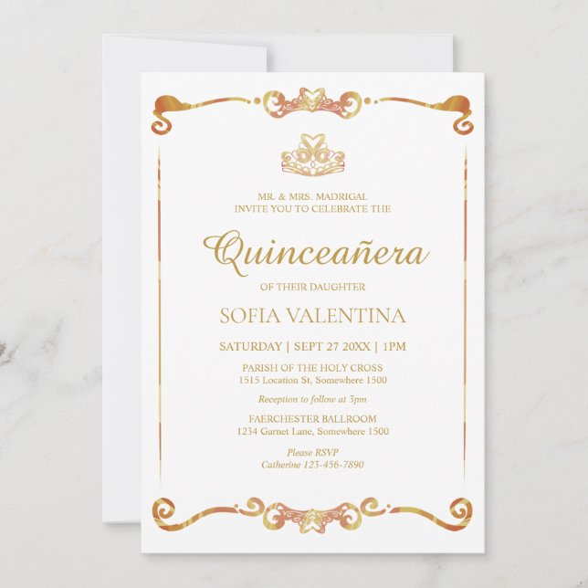 Einladung zur klassischen Goldene Quinceanera (Vorderseite)