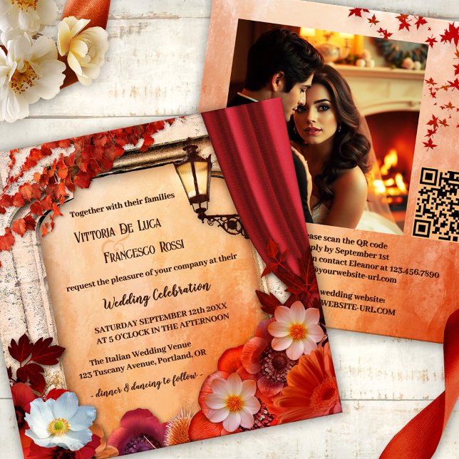 Einladung zur klassischen italienischen Hochzeit i (Romantic all-in-one fall wedding invitation showing flowers in classic Italian with a lantern)