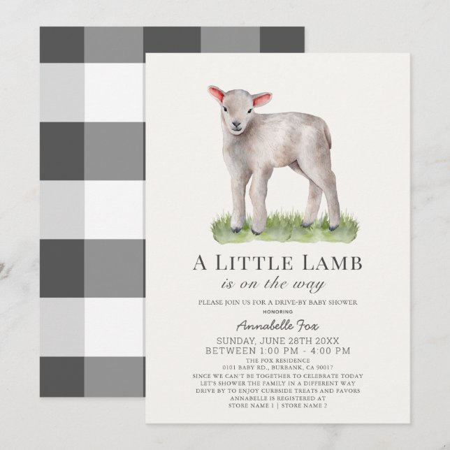 Einladung zur kleinen Lamb Drive-by-Babydusche (Vorne/Hinten)