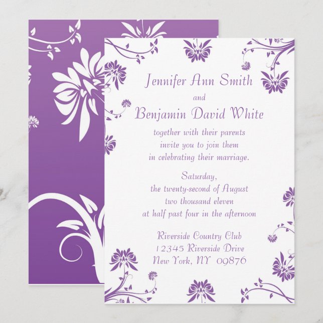 Einladung zur lila Blumenhochzeit (Vorne/Hinten)