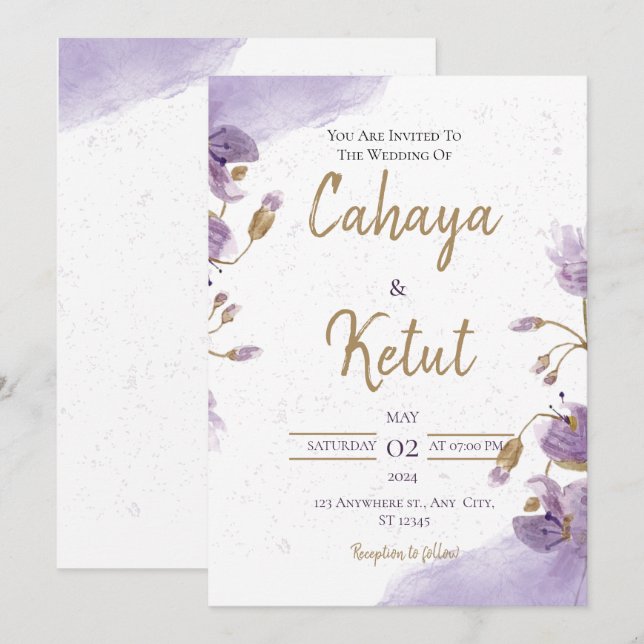 Einladung zur lila Blütenhochzeit (Vorne/Hinten)