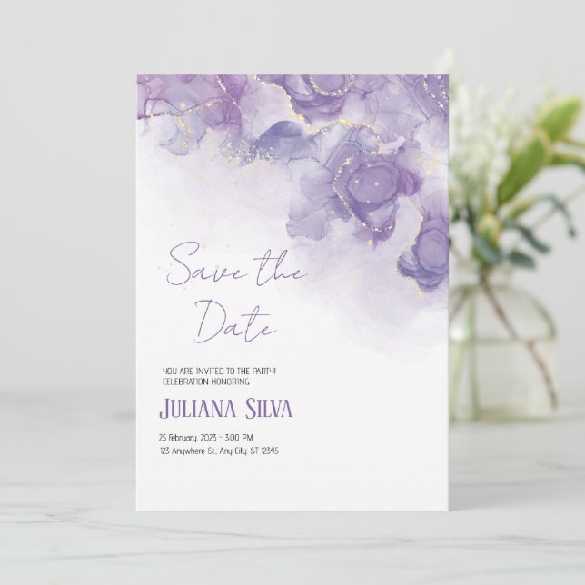 Einladung zur lila Blütenhochzeit (Stehend Vorderseite)