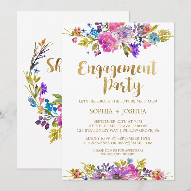 Einladung zur lila Garden Gold-Engagement-Party (Vorne/Hinten)