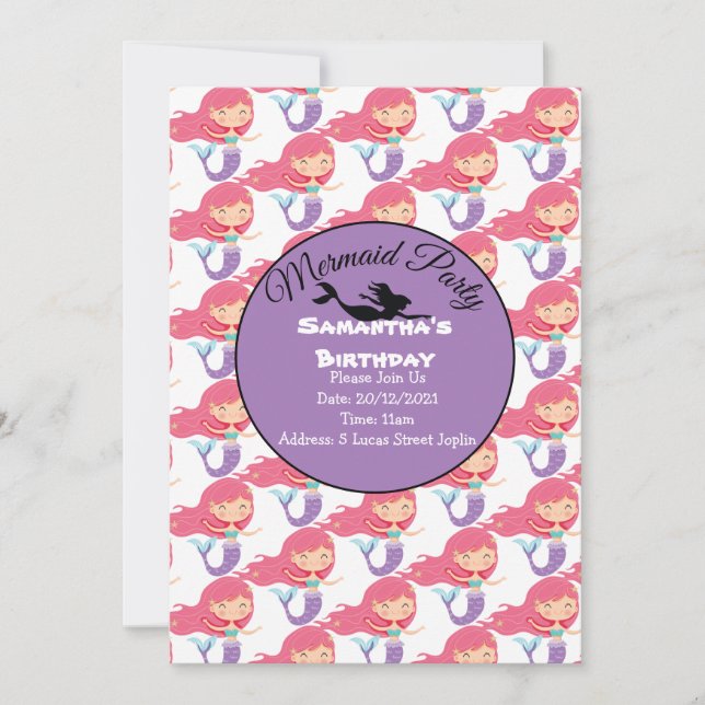 Einladung zur lila Geburtstagsmermaid (Vorderseite)