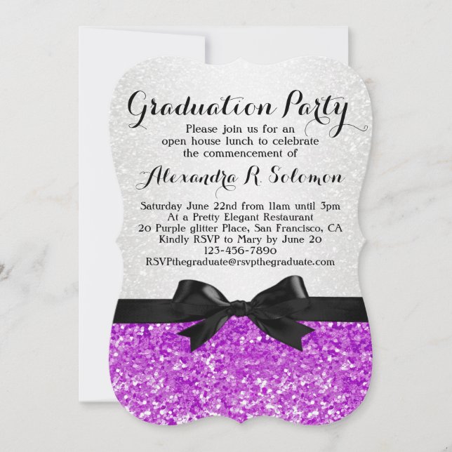 Einladung zur lila Glittery Bow Graduation Party (Vorderseite)