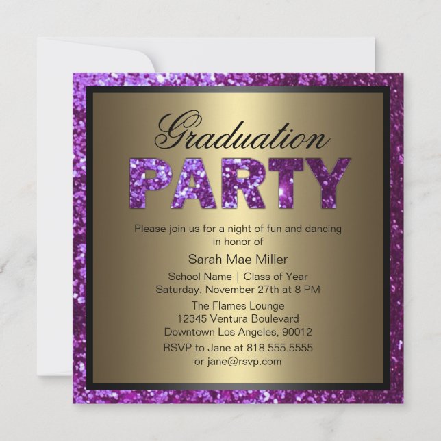Einladung zur lila Glitzer Graduation Party (Vorderseite)