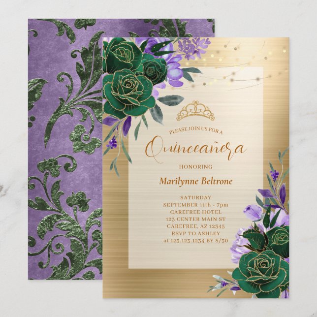 Einladung zur lila Grüngoldblüte Quinceañera (Vorne/Hinten)