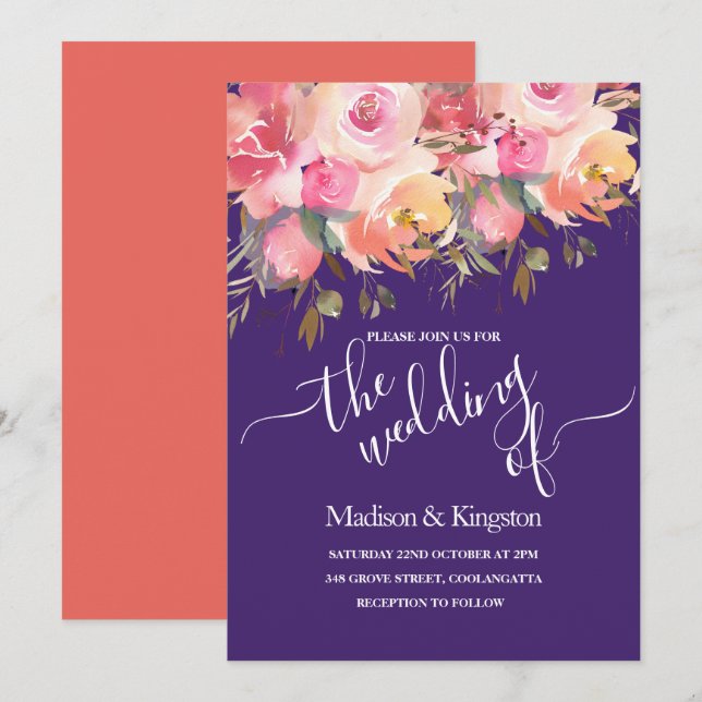 Einladung zur Lila Hochzeit der tropischen Rosa Ko (Vorne/Hinten)