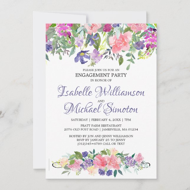 Einladung zur lila-rosa-floralen Engagement (Vorderseite)