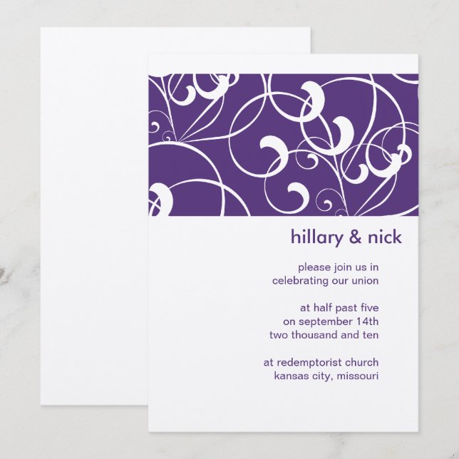 Einladung zur lila Swirt-Hochzeit (Vorne/Hinten)