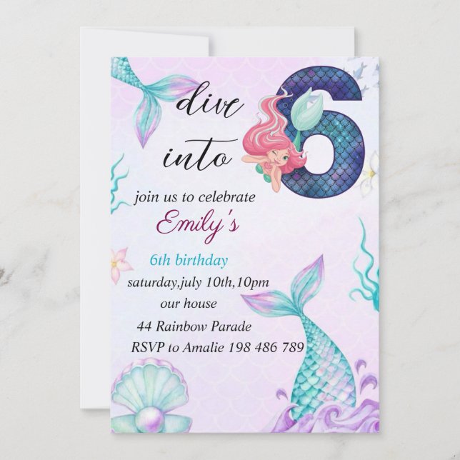 Einladung zur Mermaid zum 6. Geburtstag (Vorderseite)