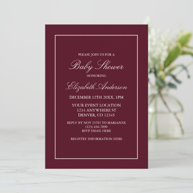 Einladung zur Minimalistischen Burgundy Babydusche (Stehend Vorderseite)